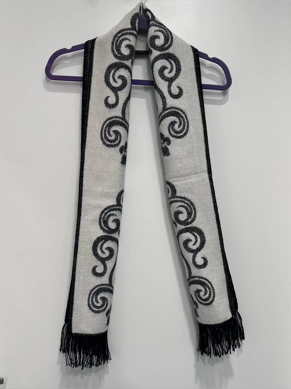 Inca's Alpaca Jaquard Scarf Elegant Black and White Swirl Fringe Scarf Floral